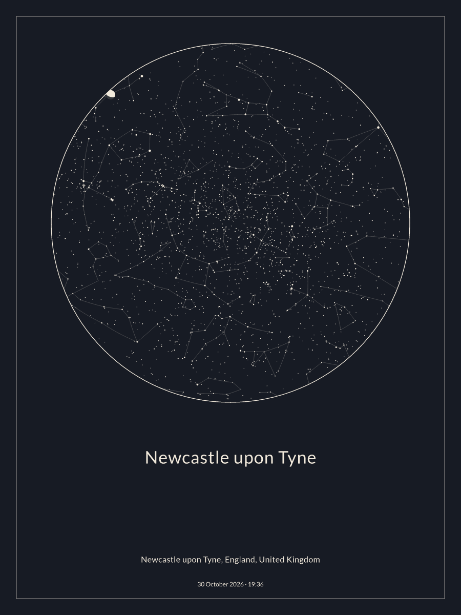 Sky chart of the night sky above Newcastle upon Tyne at 19:36 on 30 October 2026