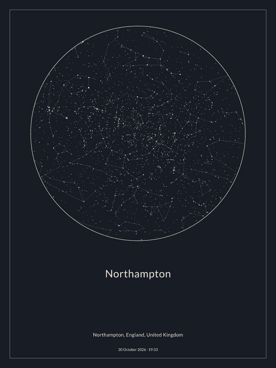 Sky chart of the night sky above Northampton at 19:33 on 30 October 2026