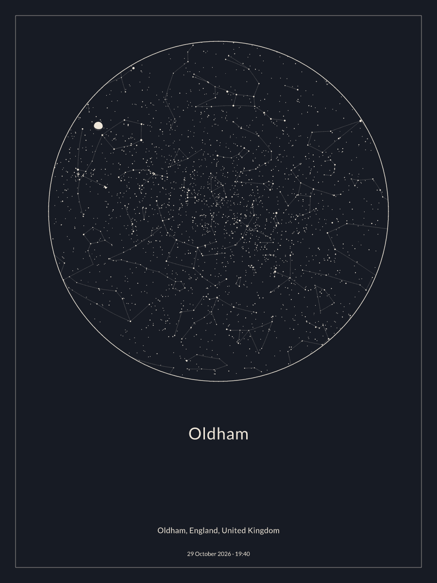 Sky chart of the night sky above Oldham at 19:40 on 29 October 2026