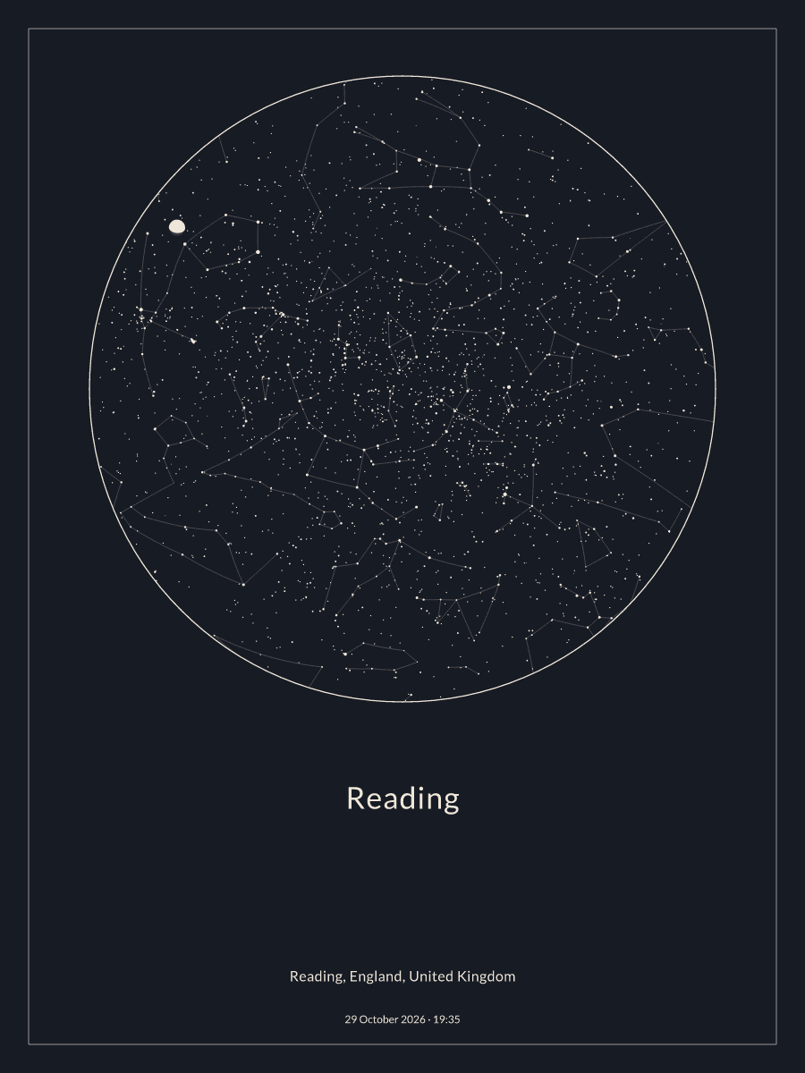 Sky chart of the night sky above Reading at 19:35 on 29 October 2026