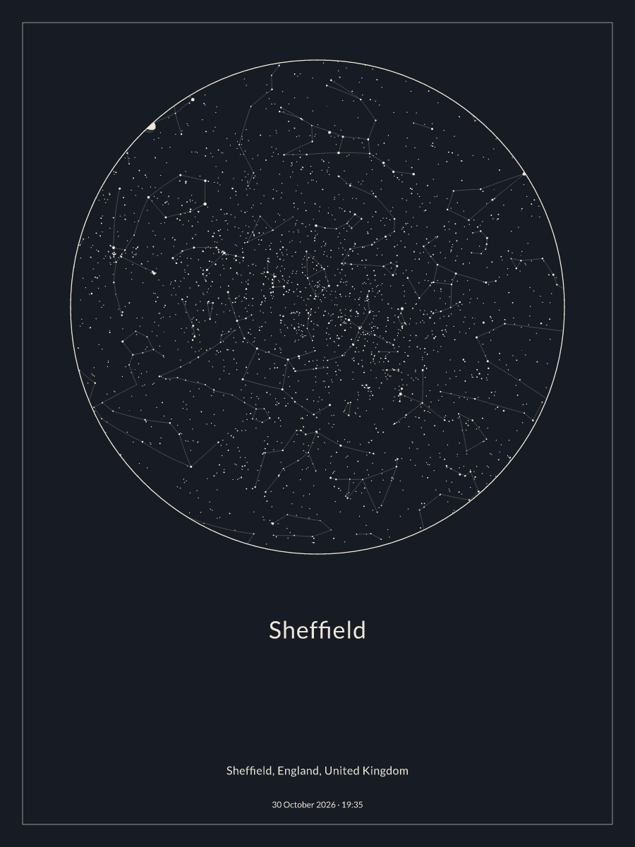 Sky chart of the night sky above Sheffield at 19:35 on 30 October 2026