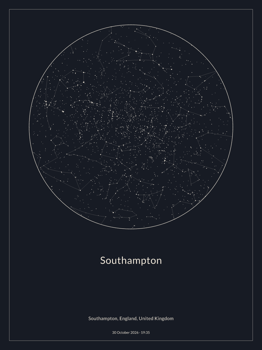 Sky chart of the night sky above Southampton at 19:35 on 30 October 2026