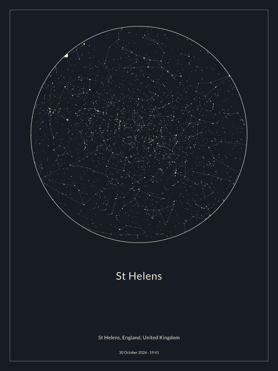 Sky chart of the night sky above St Helens at 19:41 on 30 October 2026