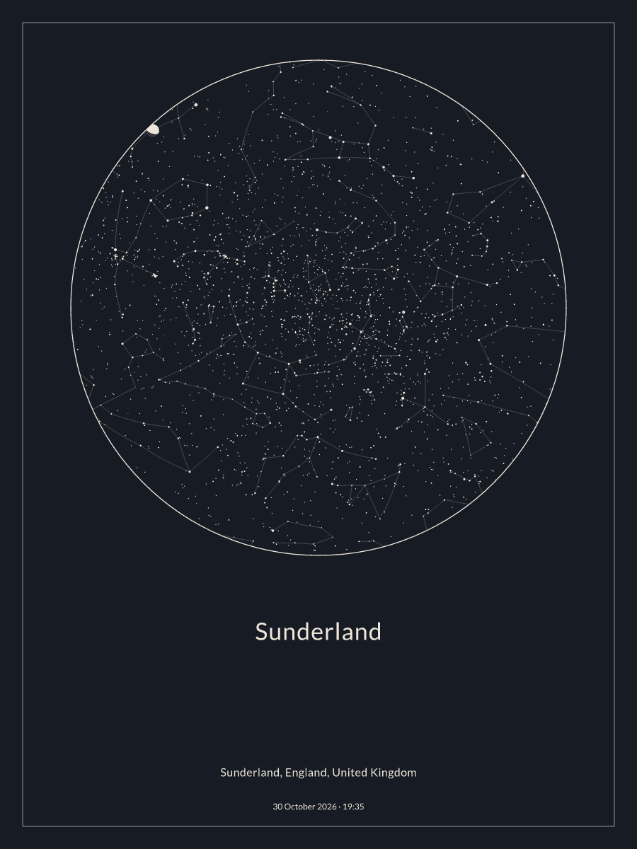 Sky chart of the night sky above Sunderland at 19:35 on 30 October 2026