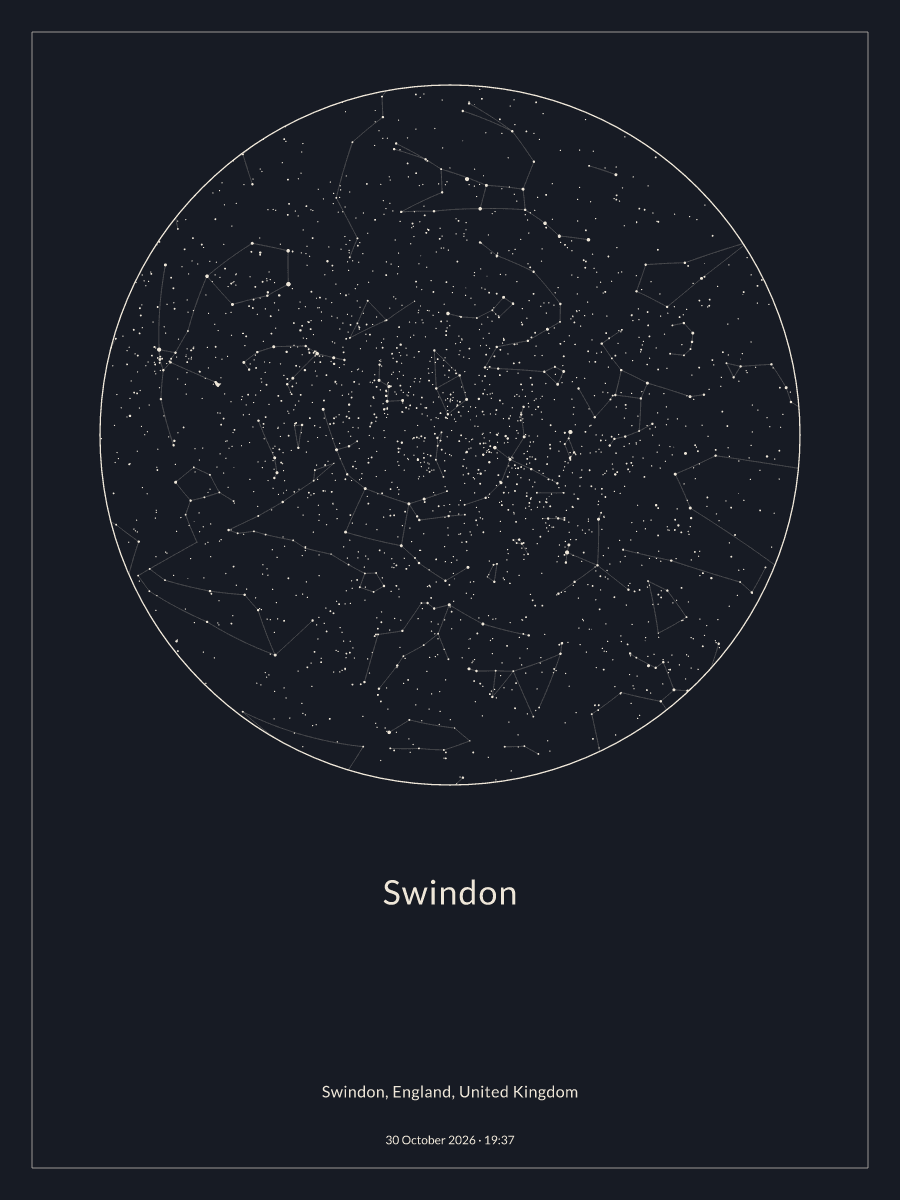 Sky chart of the night sky above Swindon at 19:37 on 30 October 2026