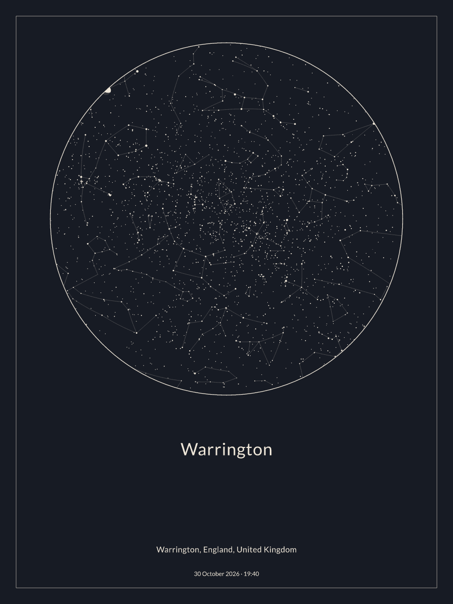 Sky chart of the night sky above Warrington at 19:40 on 30 October 2026