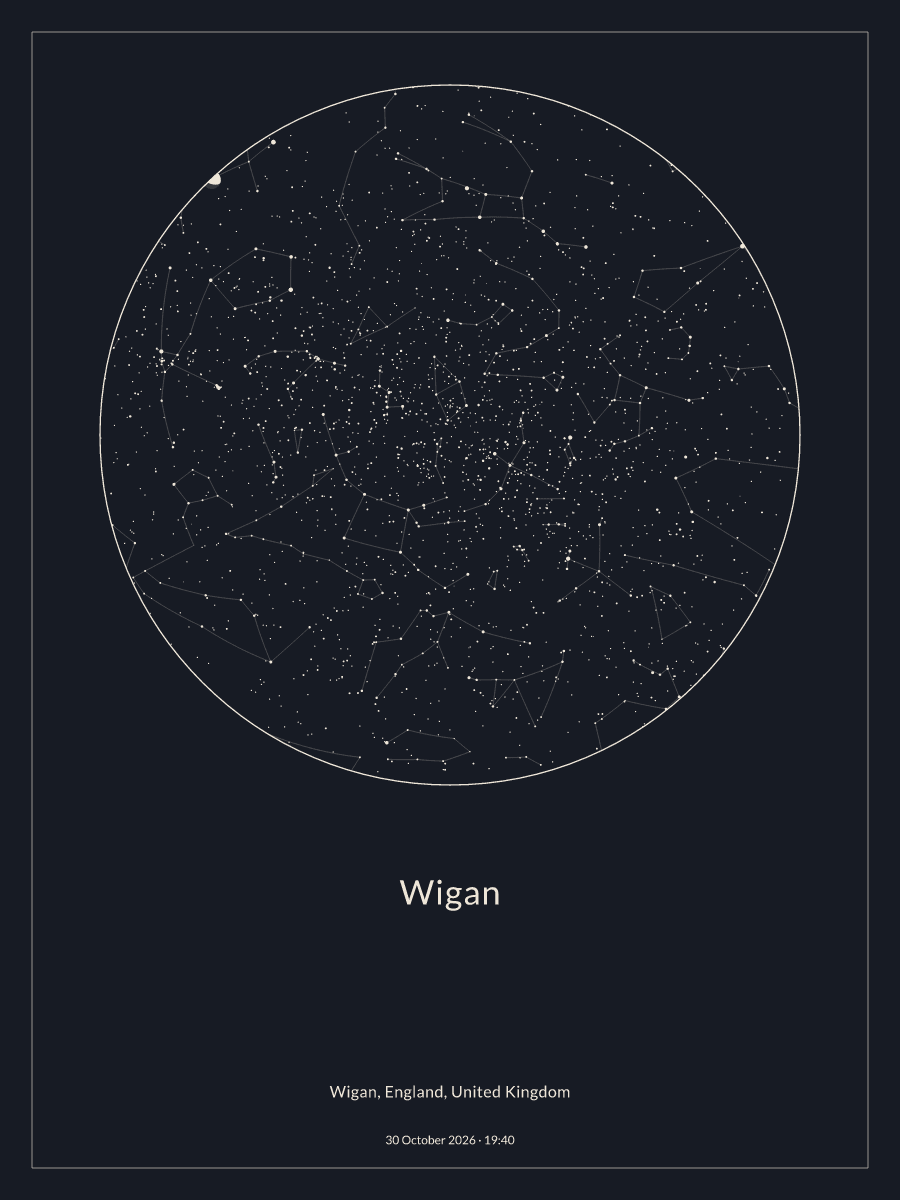 Sky chart of the night sky above Wigan at 19:40 on 30 October 2026