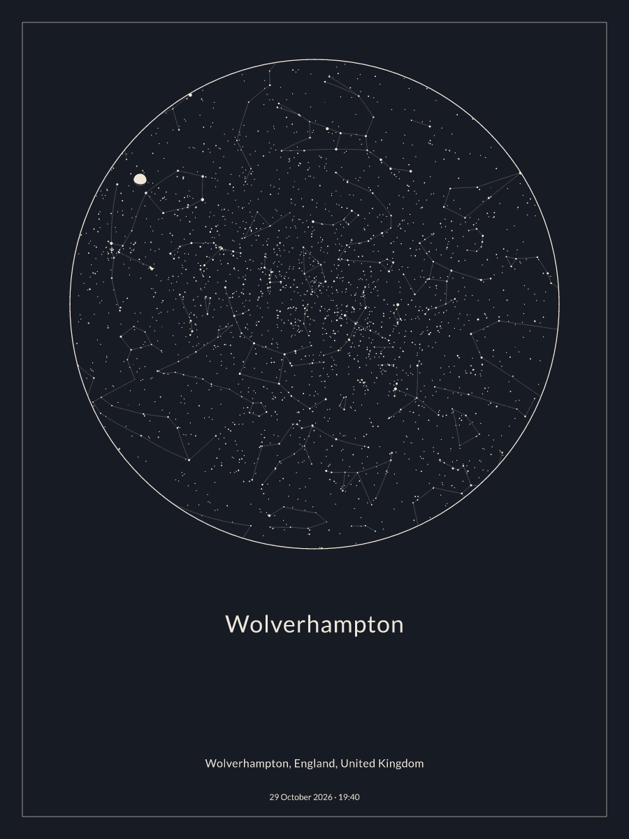Sky chart of the night sky above Wolverhampton at 19:40 on 29 October 2026