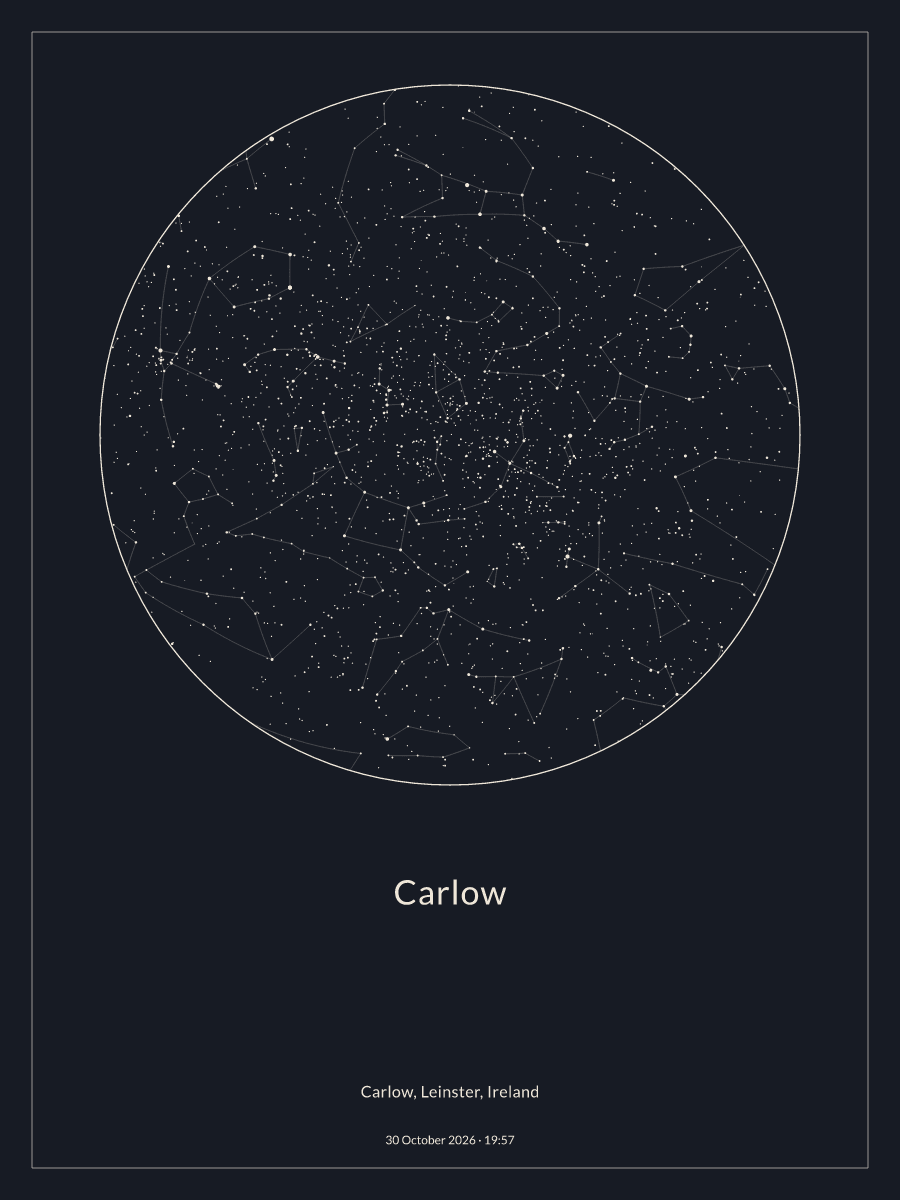 Sky chart of the night sky above Carlow at 19:57 on 30 October 2026