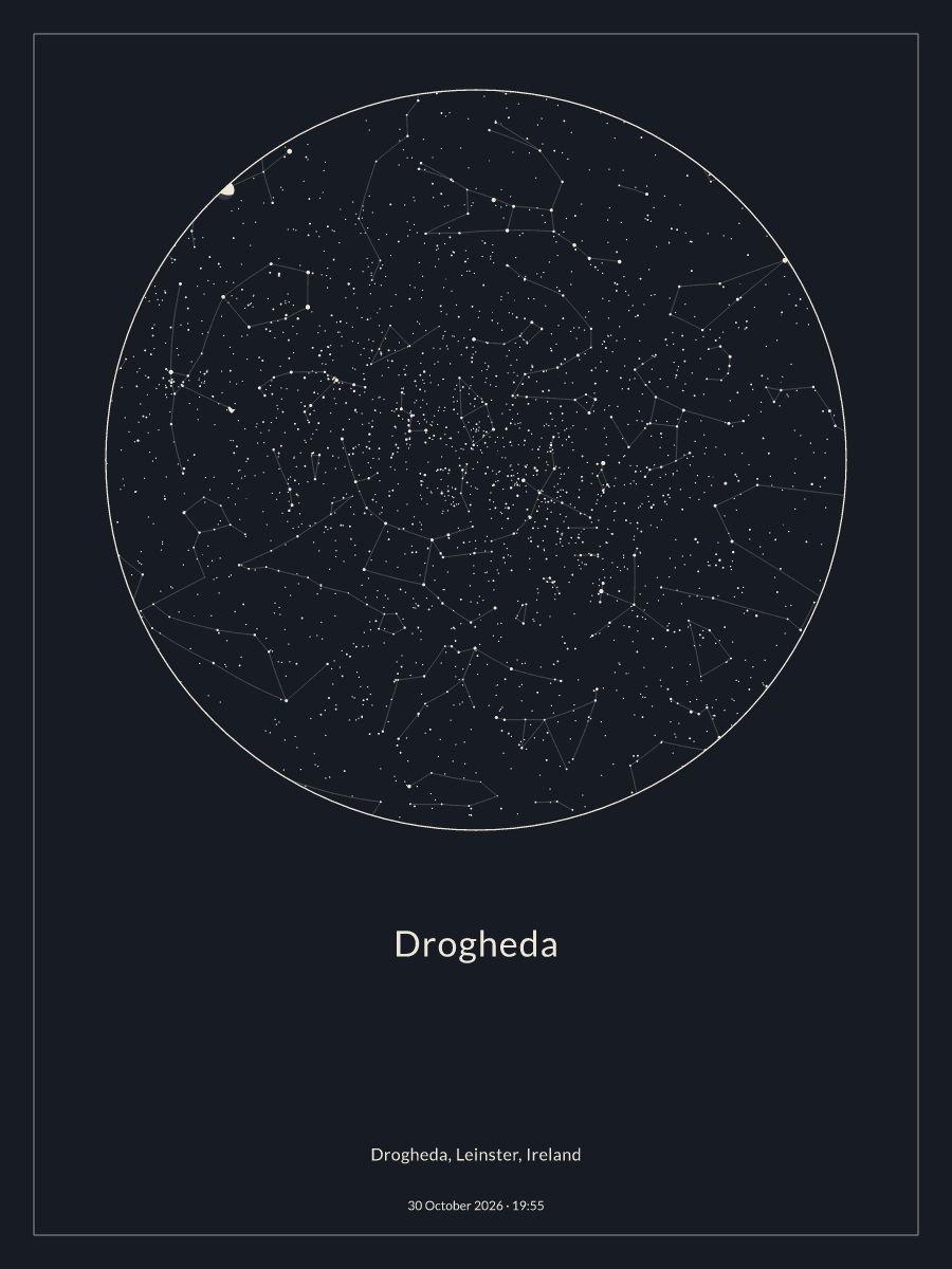 Sky chart of the night sky above Drogheda at 19:55 on 30 October 2026