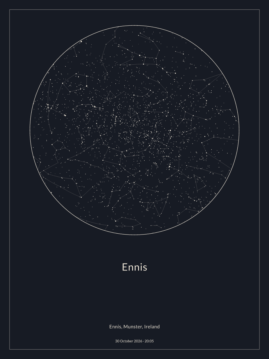 Sky chart of the night sky above Ennis at 20:05 on 30 October 2026