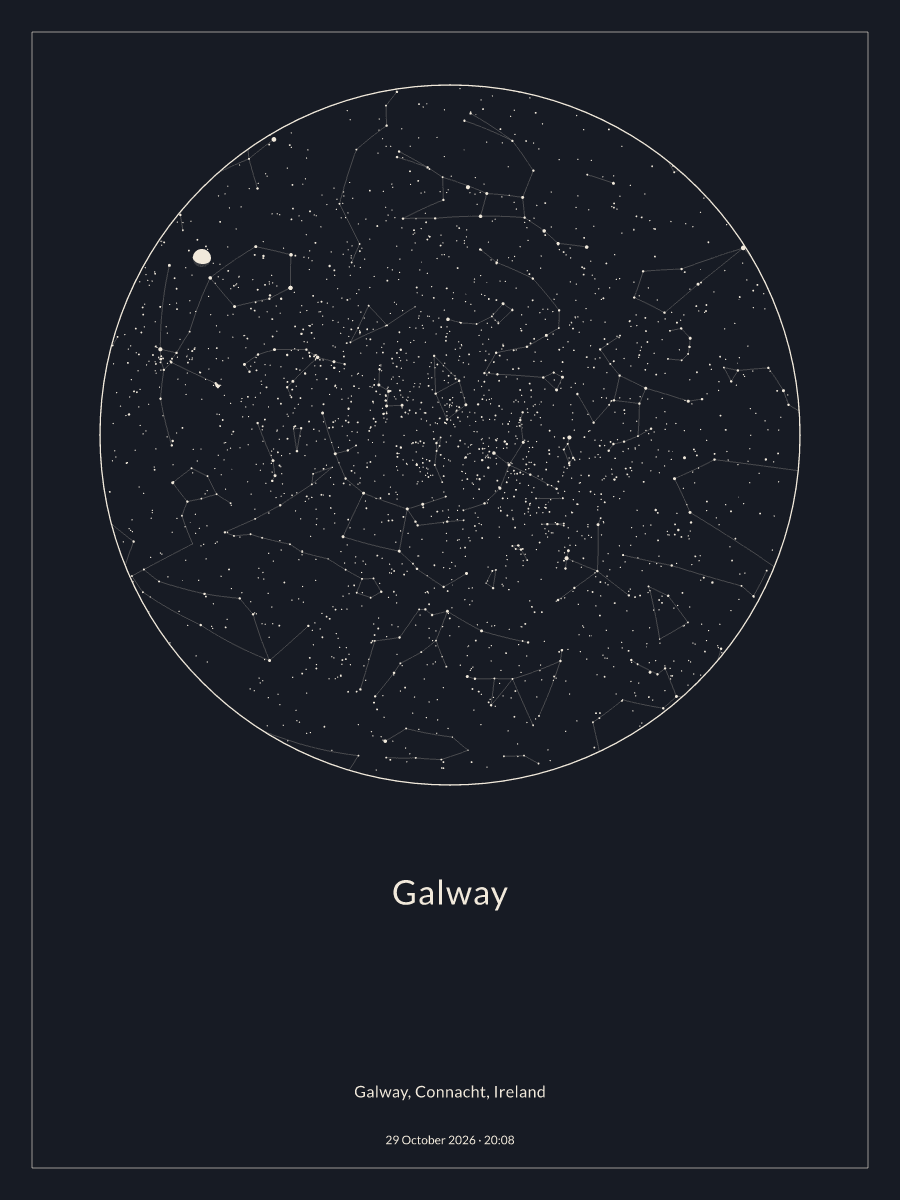 Sky chart of the night sky above Galway at 20:08 on 29 October 2026