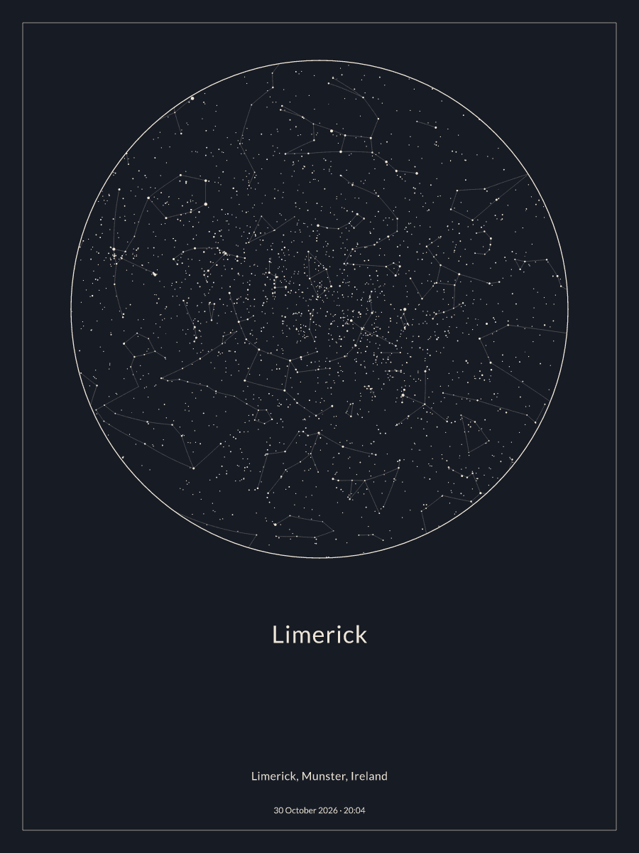 Sky chart of the night sky above Limerick at 20:04 on 30 October 2026