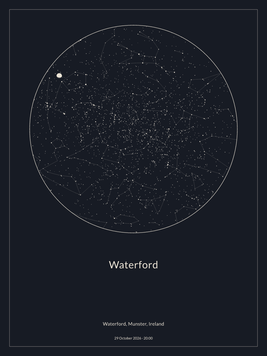 Sky chart of the night sky above Waterford at 20:00 on 29 October 2026