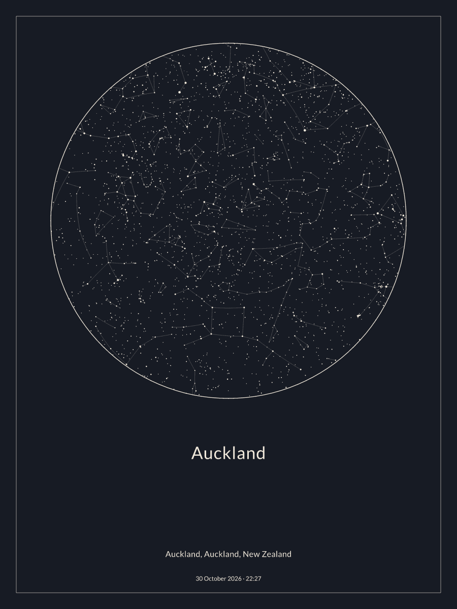 Sky chart of the night sky above Auckland at 10:27 pm on 30 October 2026