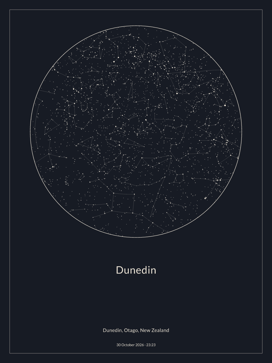 Sky chart of the night sky above Dunedin at 11:23 pm on 30 October 2026