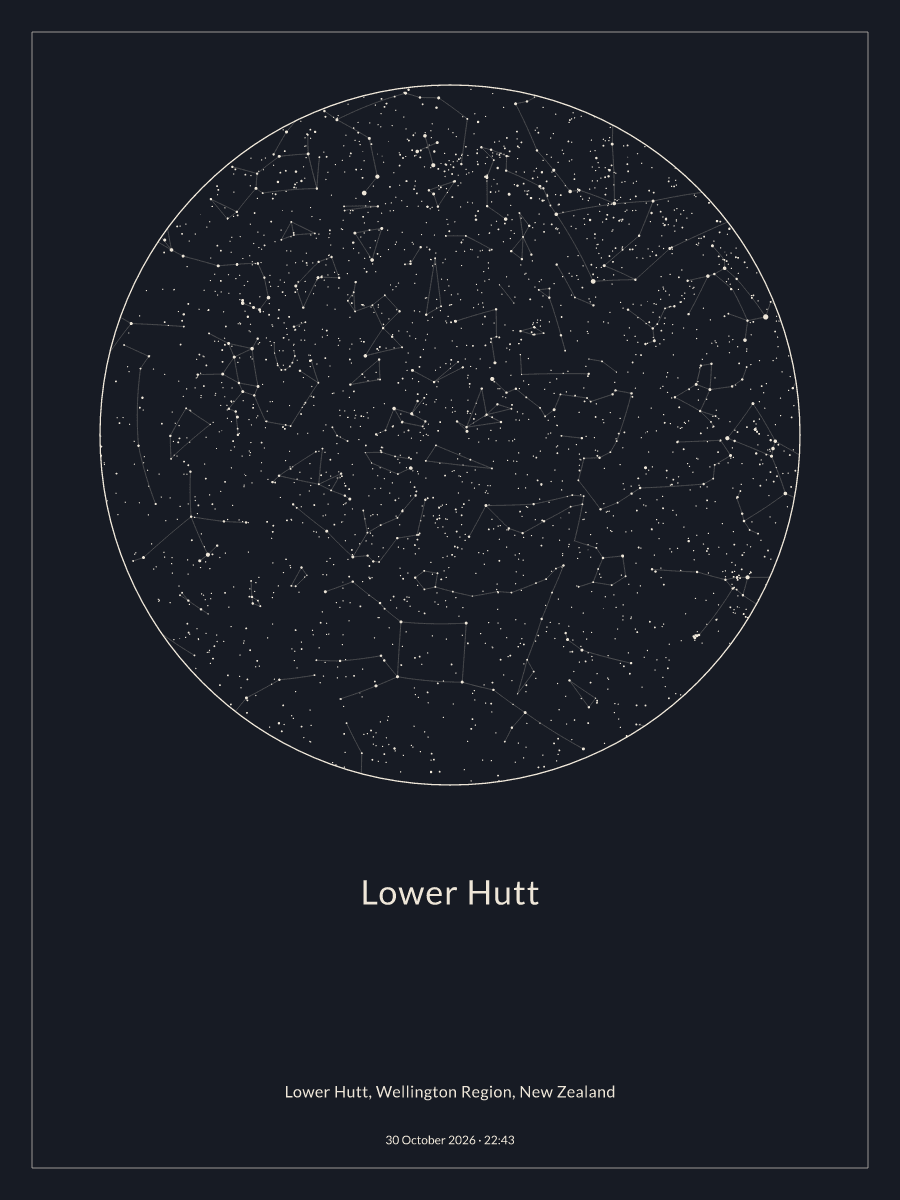 Sky chart of the night sky above Lower Hutt at 10:43 pm on 30 October 2026