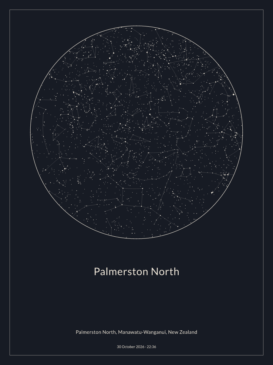 Sky chart of the night sky above Palmerston North at 10:36 pm on 30 October 2026