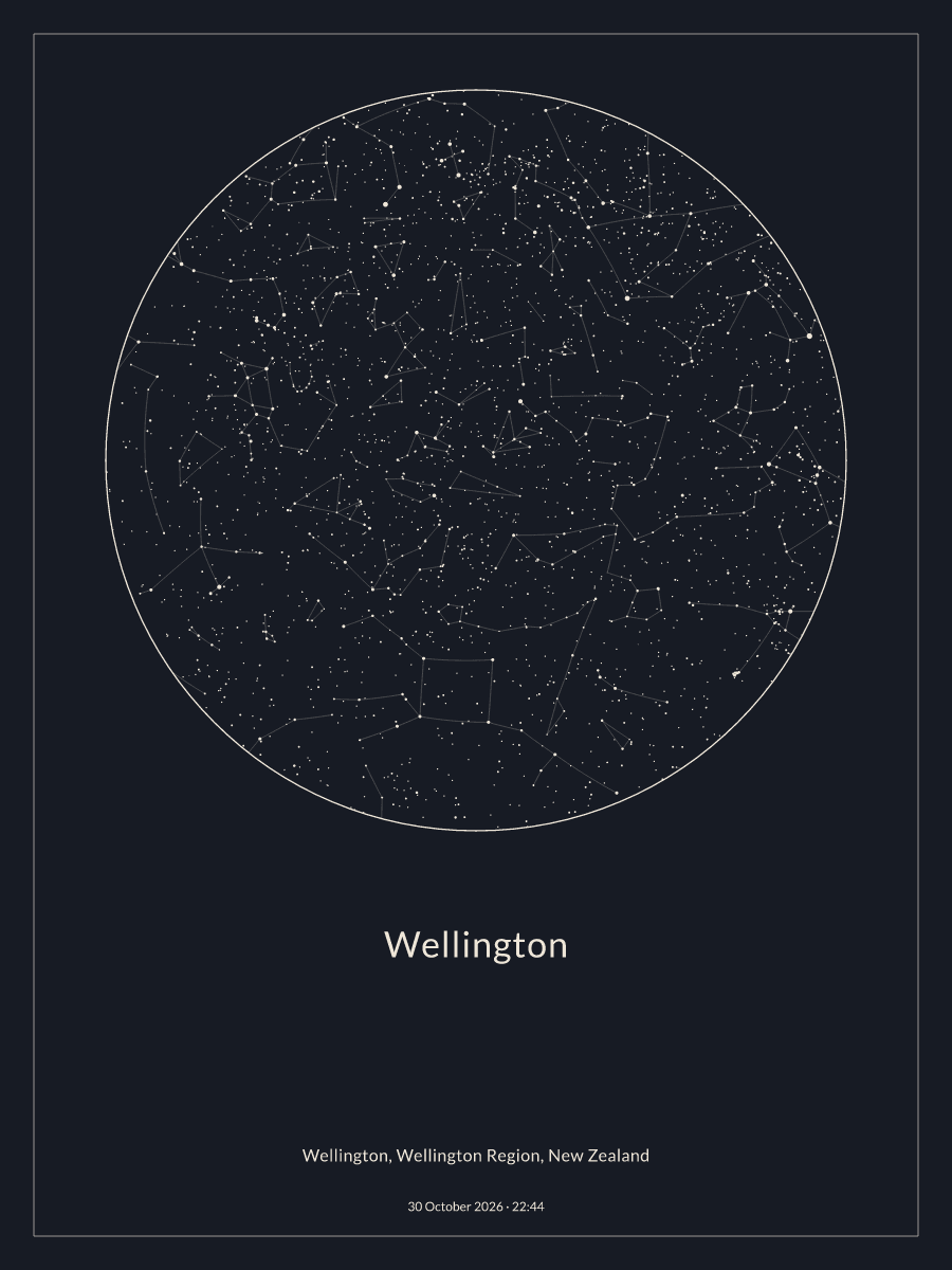 Sky chart of the night sky above Wellington at 10:44 pm on 30 October 2026