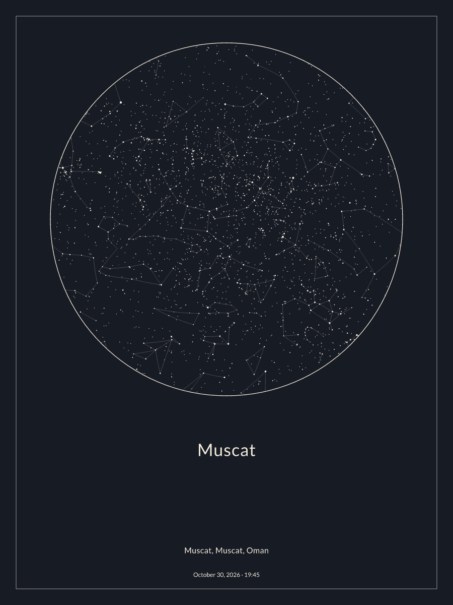 Sky chart of the night sky above Muscat at 7:45 PM on October 30, 2026