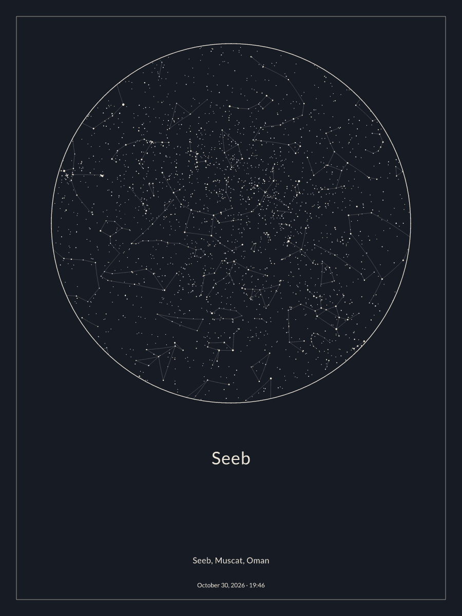 Sky chart of the night sky above Seeb at 7:46 PM on October 30, 2026