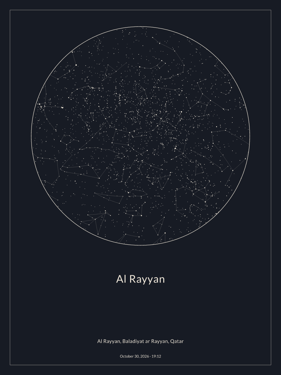 Sky chart of the night sky above Al Rayyan at 7:12 PM on October 30, 2026