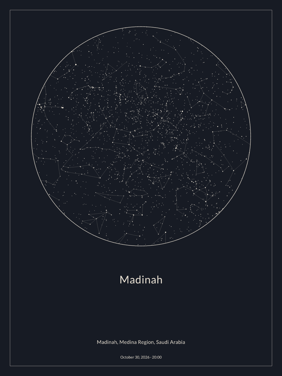 Sky chart of the night sky above Madinah at 8:00 PM on October 30, 2026