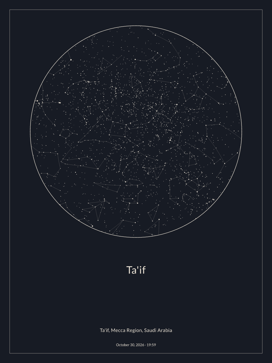 Sky chart of the night sky above Ta'if at 7:59 PM on October 30, 2026