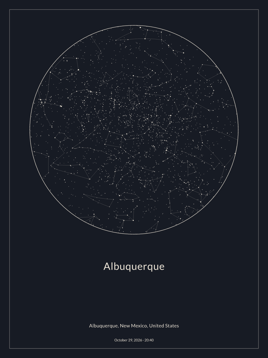 Sky chart of the night sky above Albuquerque at 8:40 PM on October 29, 2026
