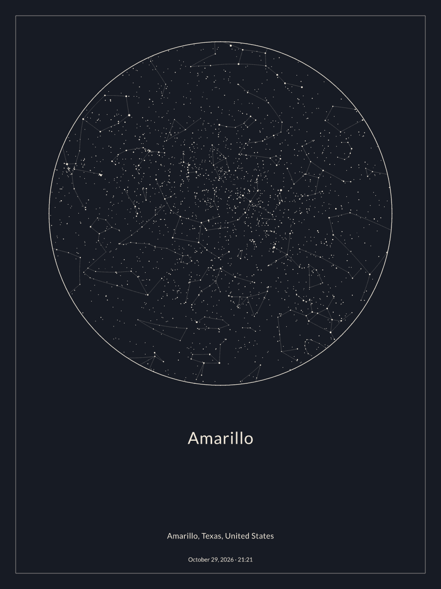 Sky chart of the night sky above Amarillo at 9:21 PM on October 29, 2026