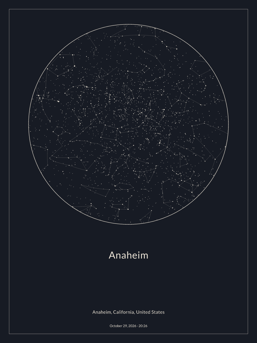 Sky chart of the night sky above Anaheim at 8:26 PM on October 29, 2026