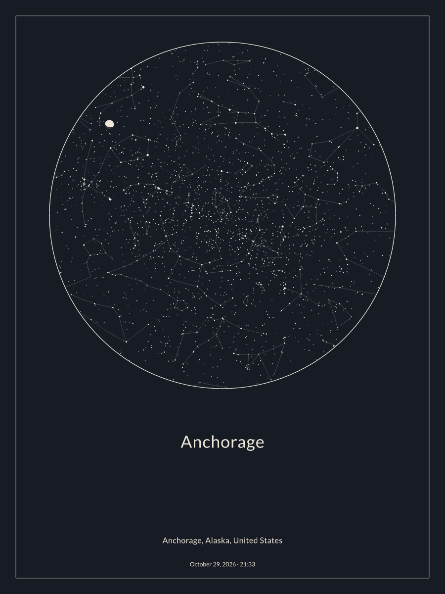 Sky chart of the night sky above Anchorage at 9:33 PM on October 29, 2026