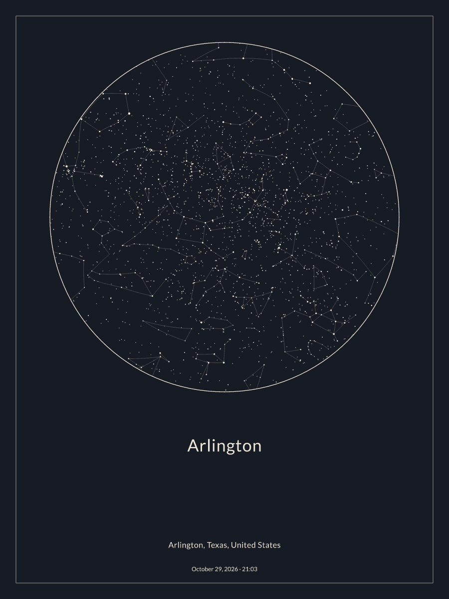 Sky chart of the night sky above Arlington at 9:03 PM on October 29, 2026