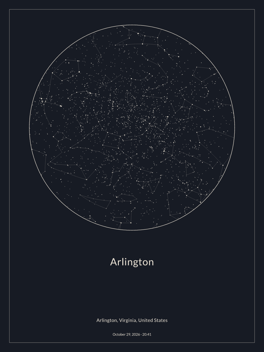 Sky chart of the night sky above Arlington at 8:41 PM on October 29, 2026
