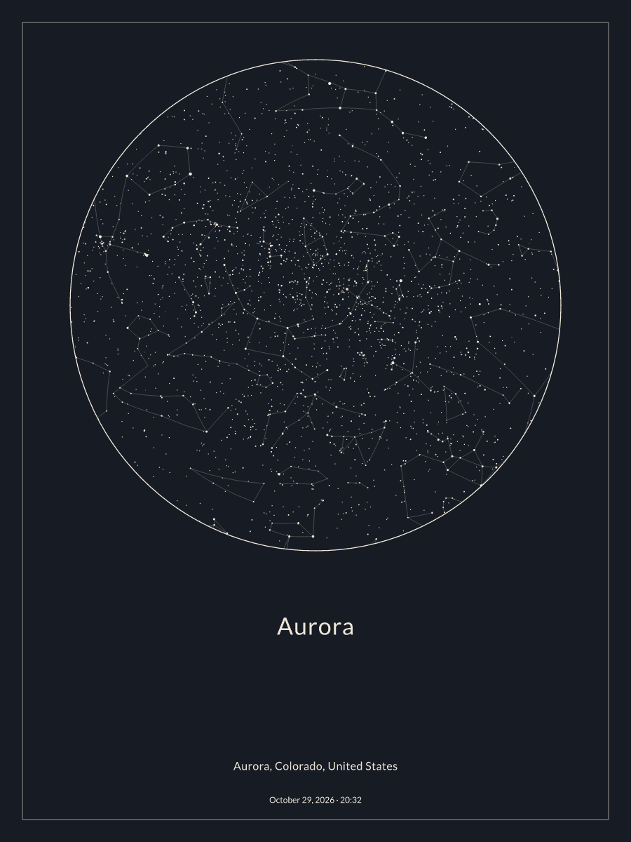 Sky chart of the night sky above Aurora at 8:32 PM on October 29, 2026