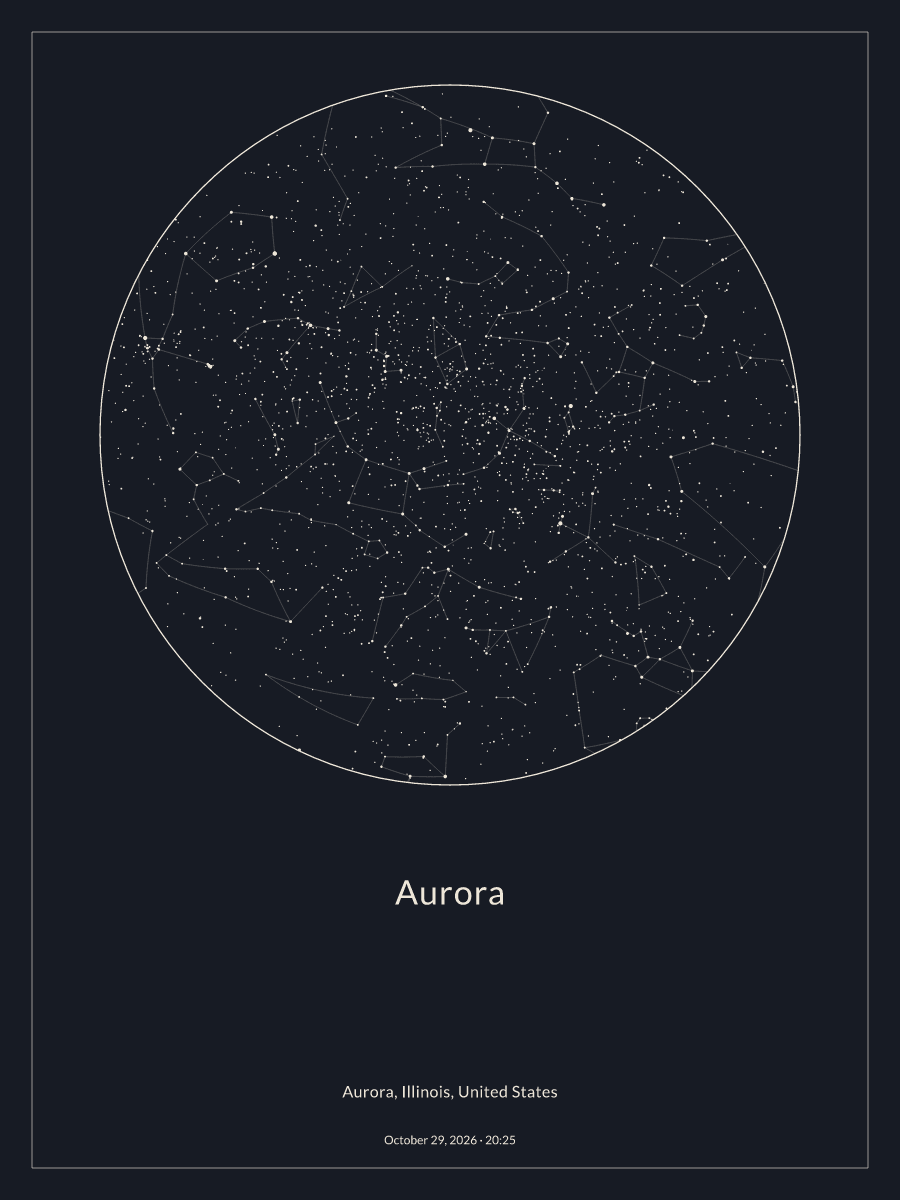 Sky chart of the night sky above Aurora at 8:25 PM on October 29, 2026