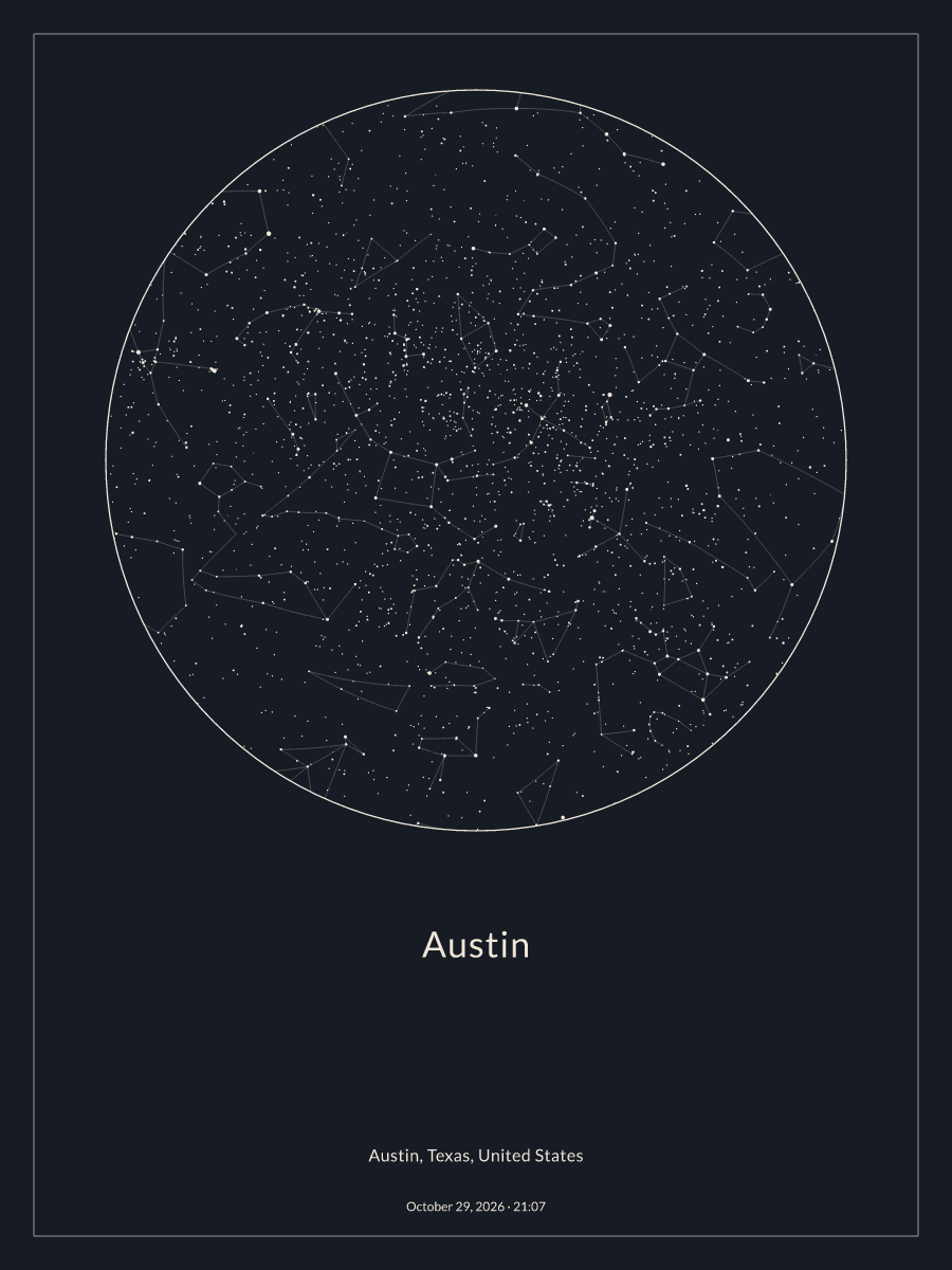 Sky chart of the night sky above Austin at 9:07 PM on October 29, 2026