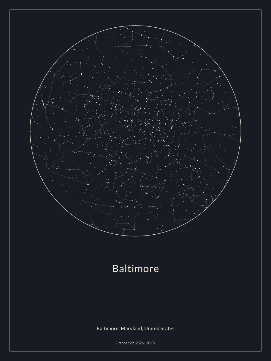 Sky chart of the night sky above Baltimore at 8:39 PM on October 29, 2026