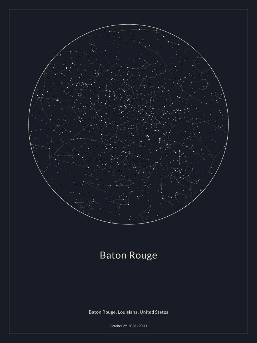 Sky chart of the night sky above Baton Rouge at 8:41 PM on October 29, 2026