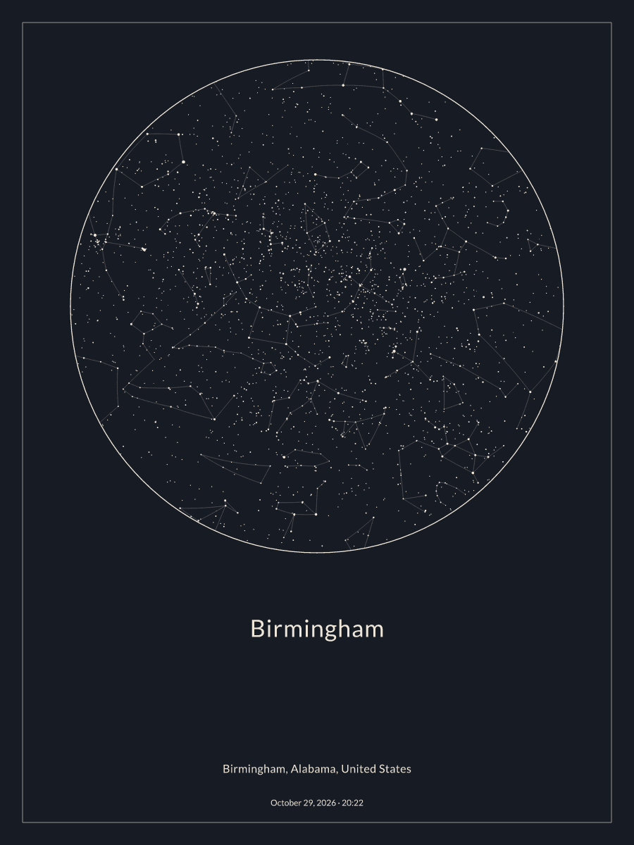Sky chart of the night sky above Birmingham at 8:22 PM on October 29, 2026