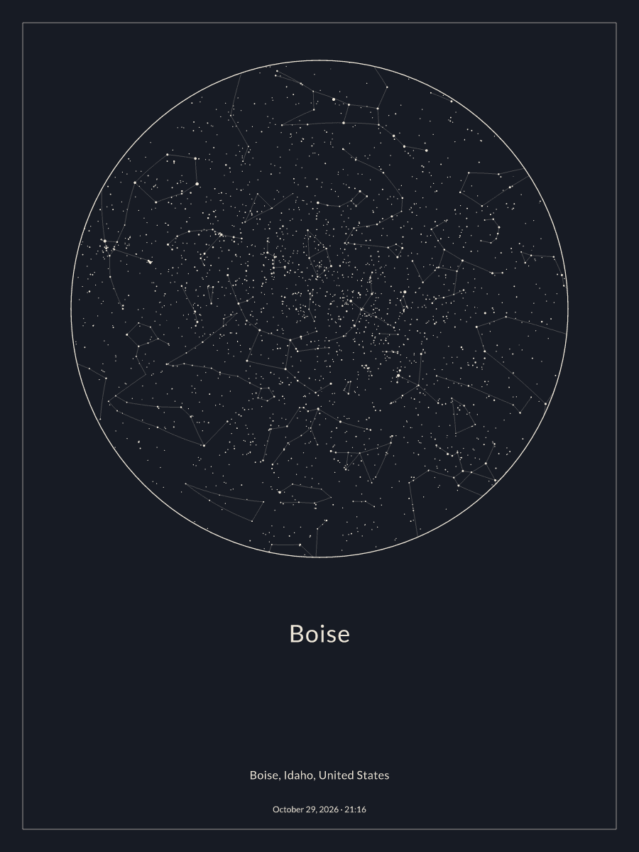 Sky chart of the night sky above Boise at 9:16 PM on October 29, 2026