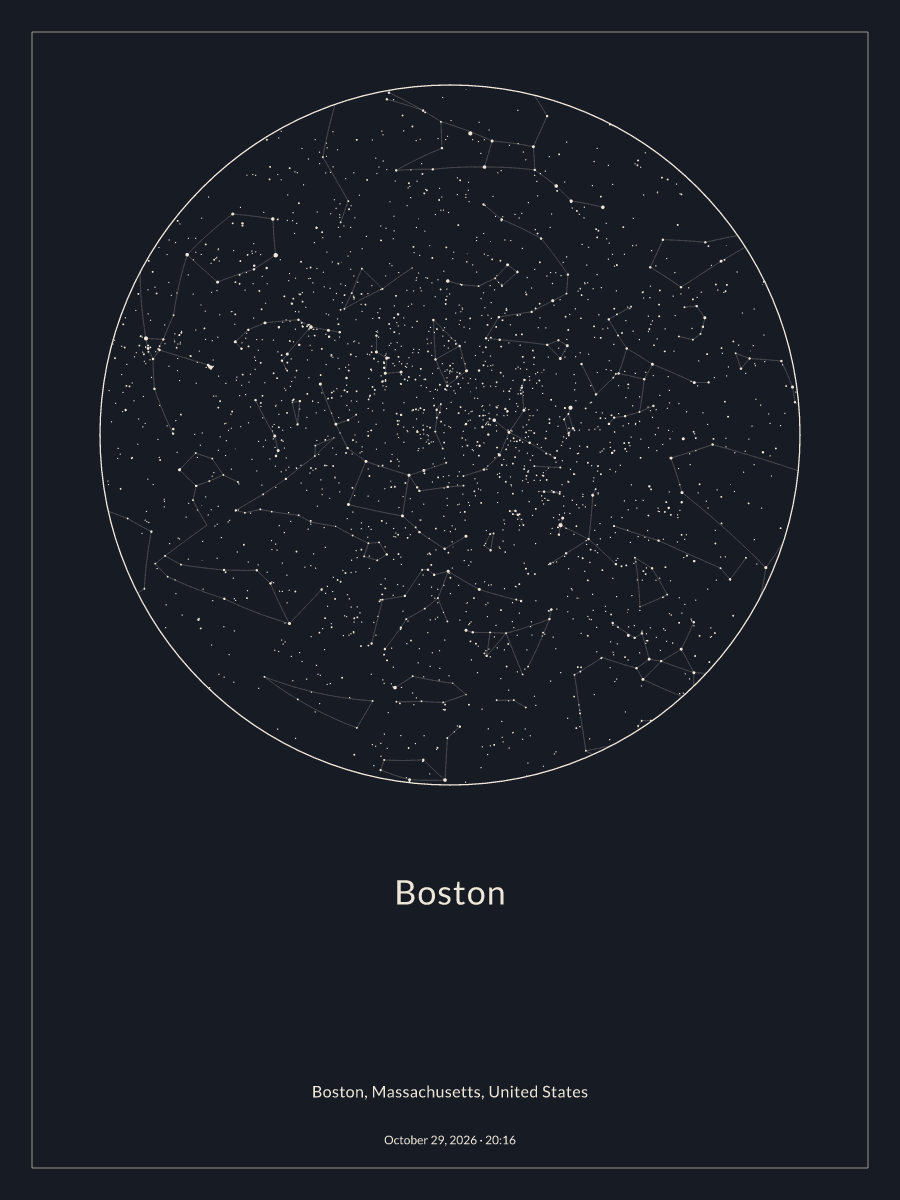 Sky chart of the night sky above Boston at 8:16 PM on October 29, 2026