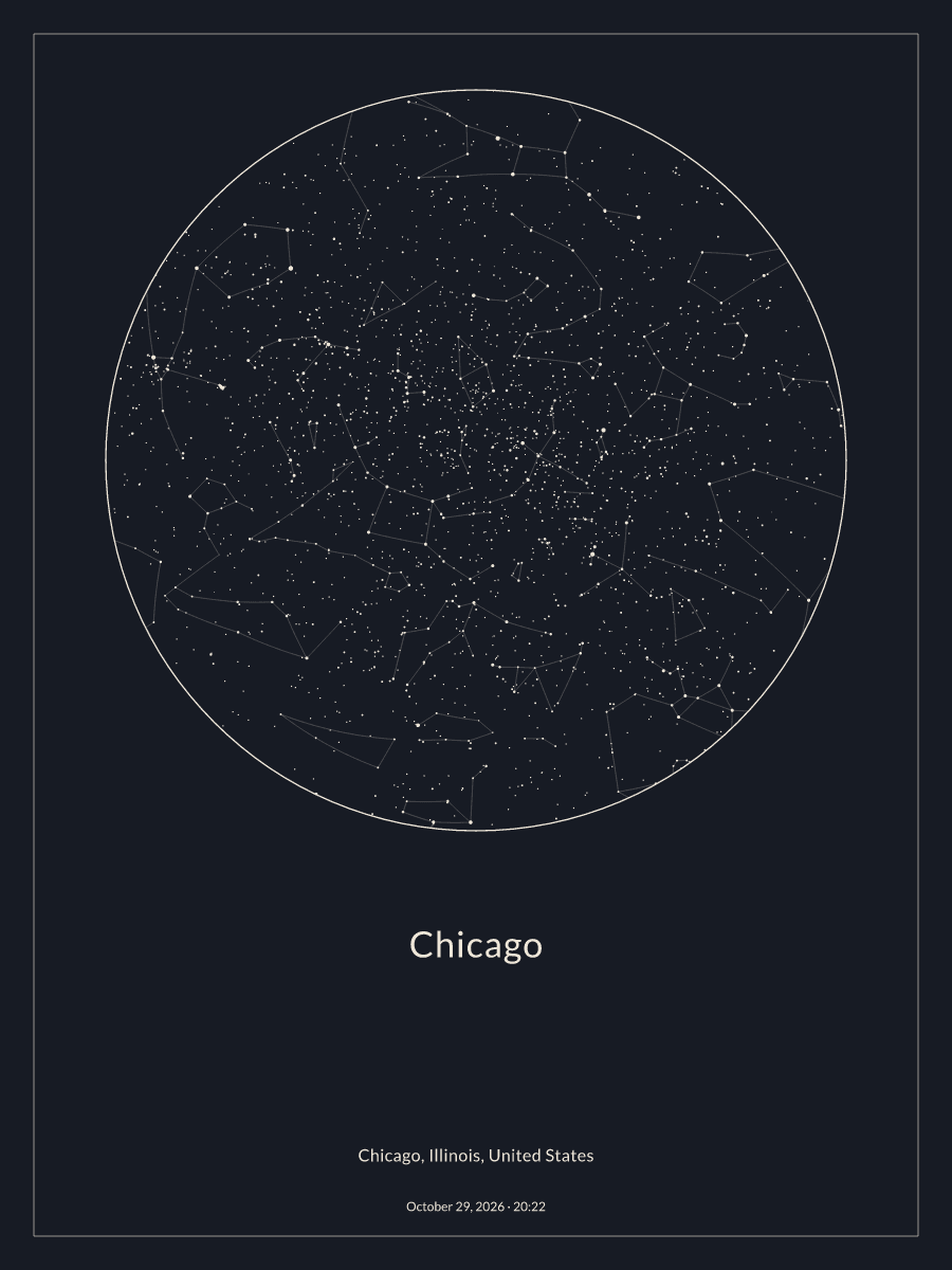 Sky chart of the night sky above Chicago at 8:22 PM on October 29, 2026