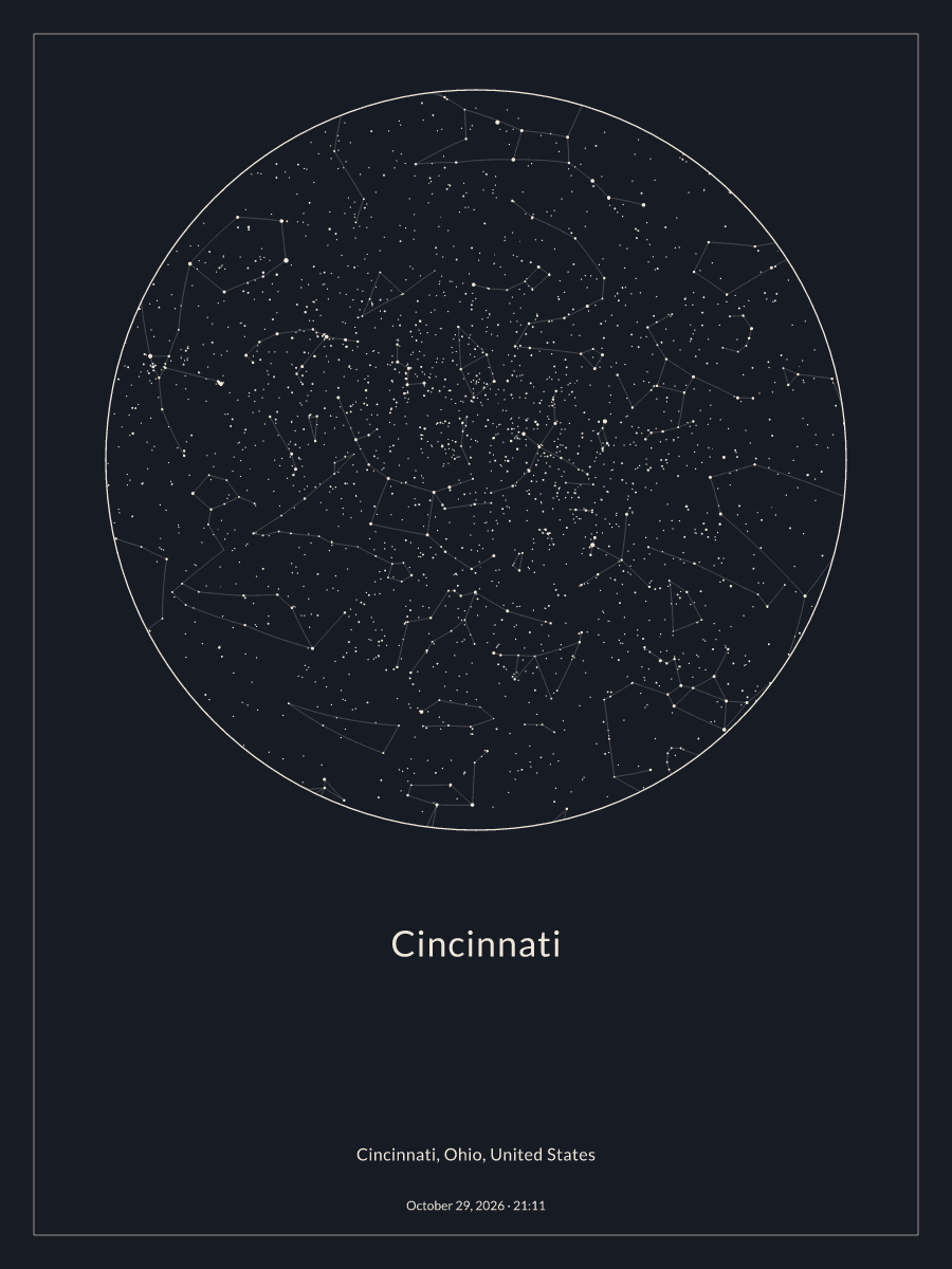 Sky chart of the night sky above Cincinnati at 9:11 PM on October 29, 2026