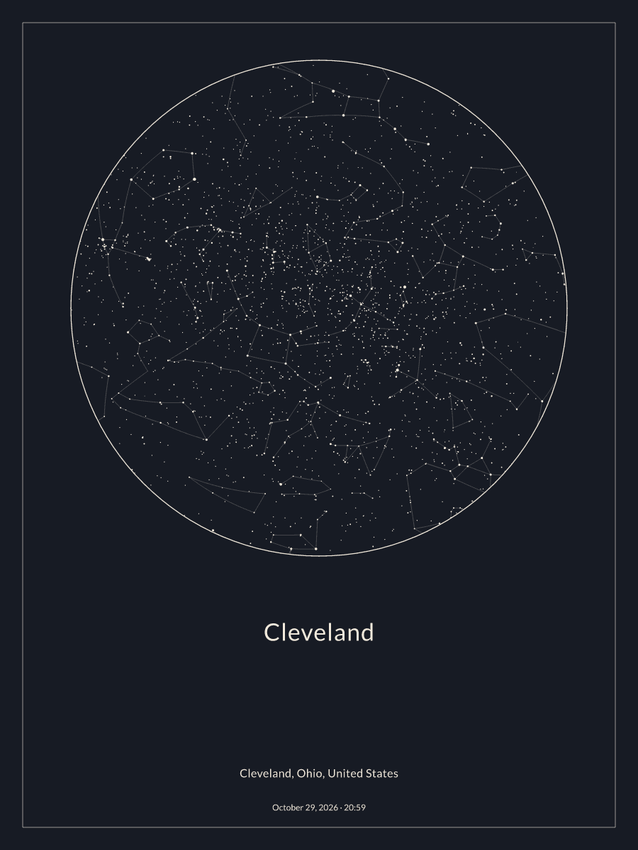 Sky chart of the night sky above Cleveland at 8:59 PM on October 29, 2026