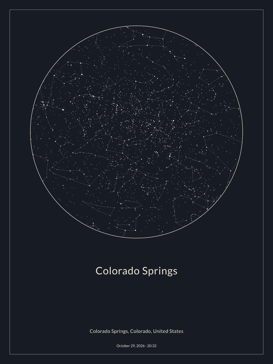 Sky chart of the night sky above Colorado Springs at 8:32 PM on October 29, 2026