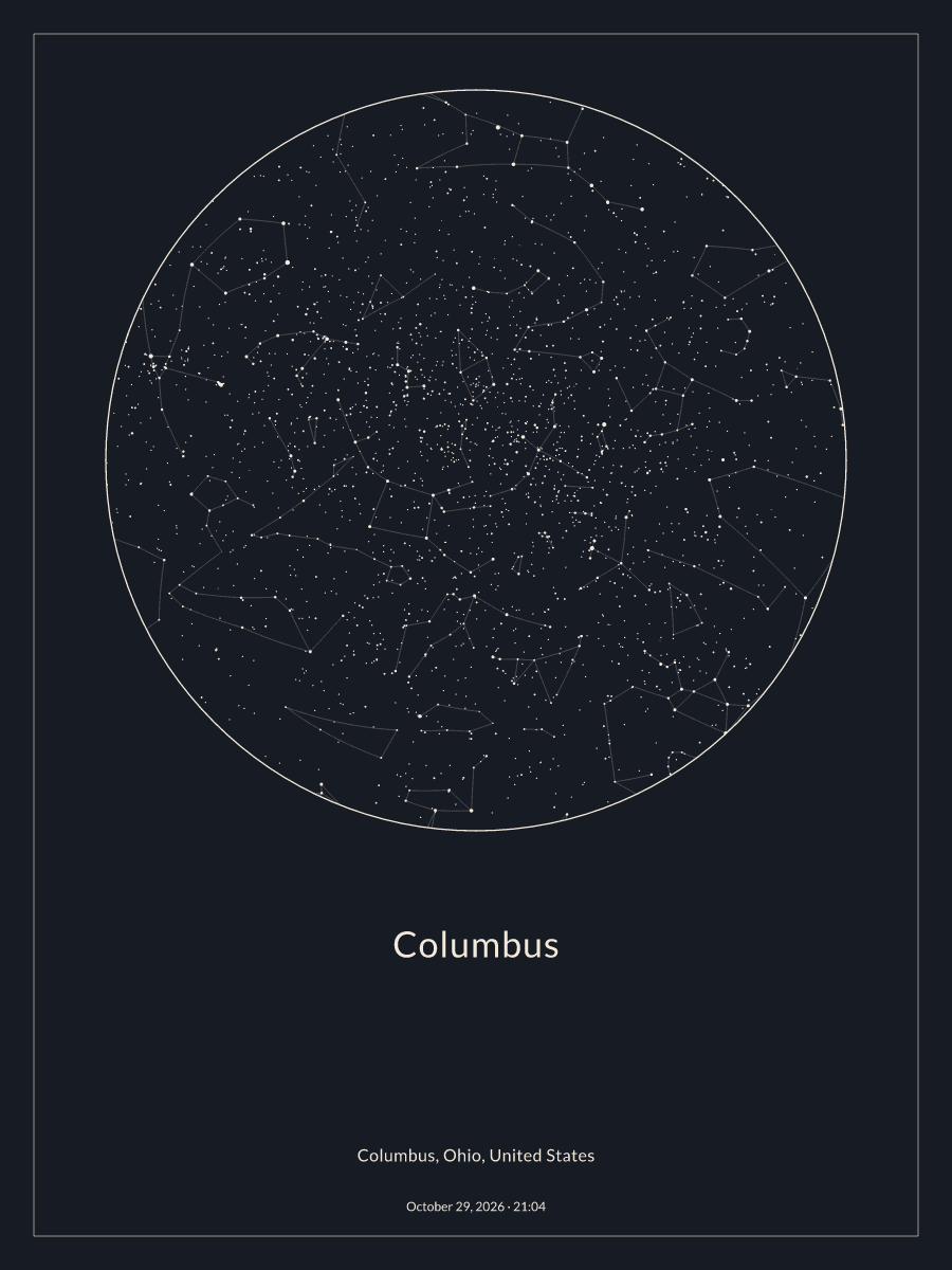 Sky chart of the night sky above Columbus at 9:04 PM on October 29, 2026