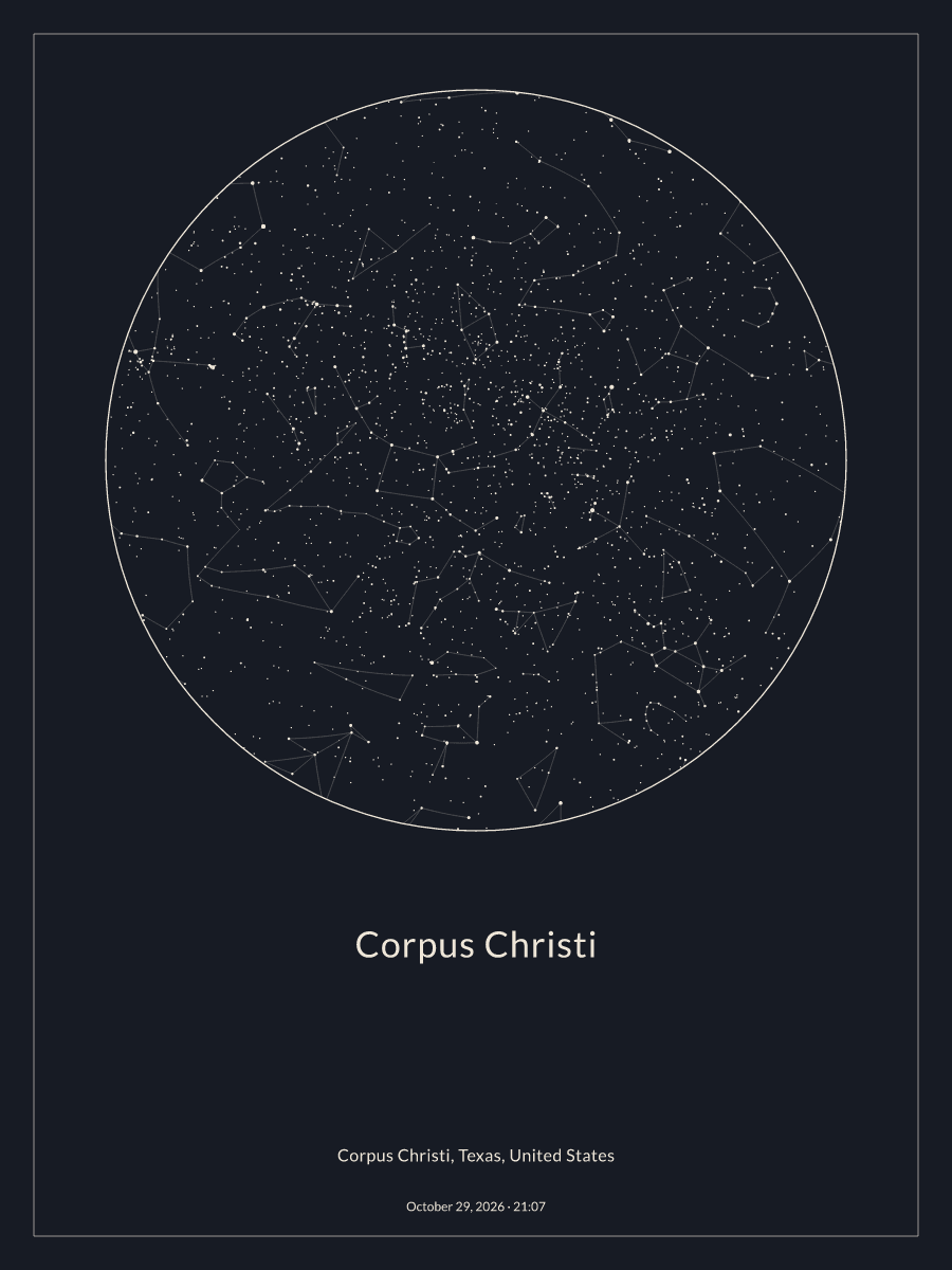 Sky chart of the night sky above Corpus Christi at 9:07 PM on October 29, 2026