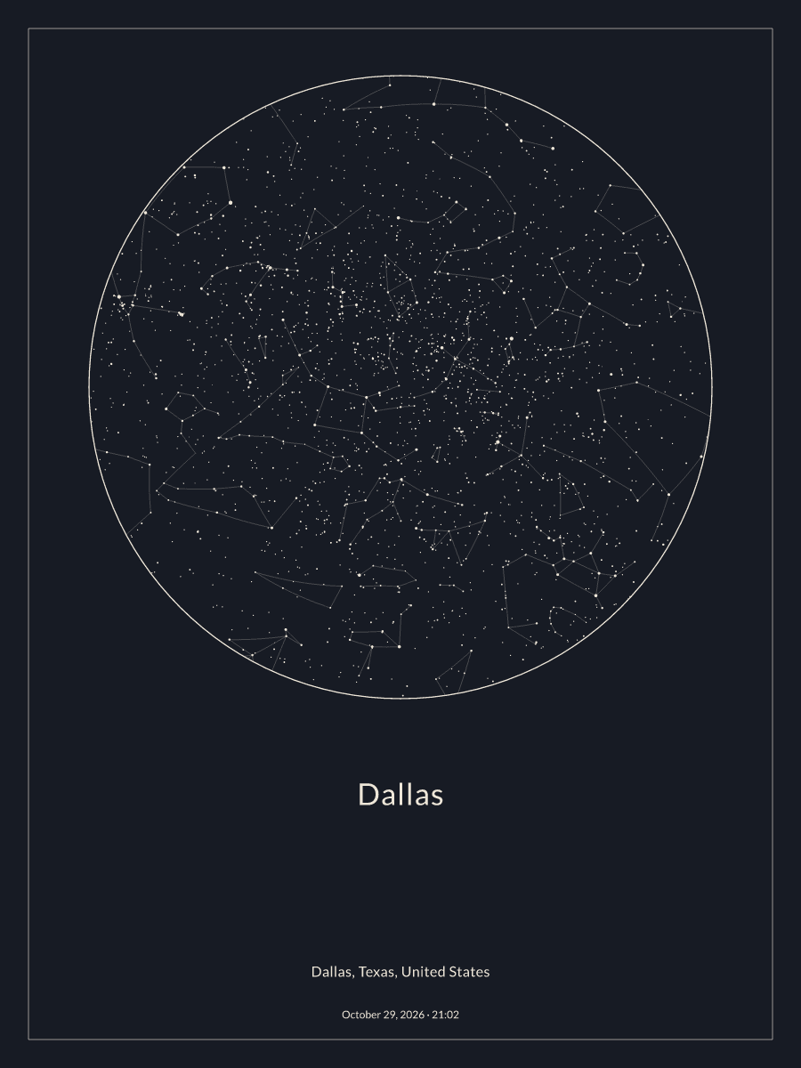 Sky chart of the night sky above Dallas at 9:02 PM on October 29, 2026