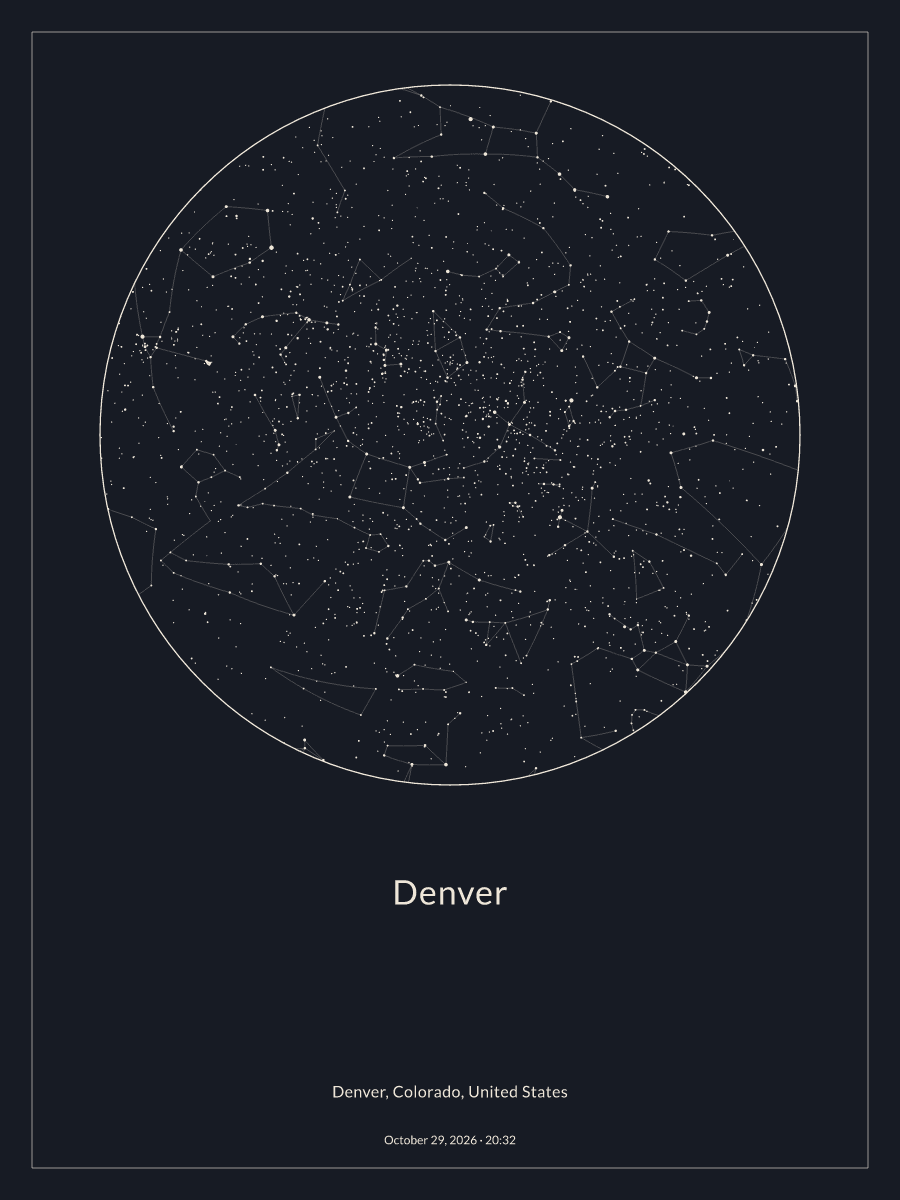Sky chart of the night sky above Denver at 8:32 PM on October 29, 2026